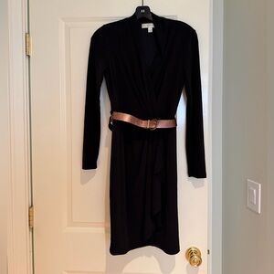 Morgan McFeeters Black Long-Sleeve Wrap Dress with Rose Gold Belt